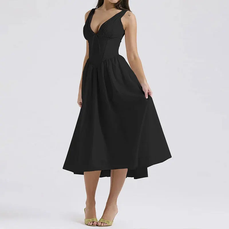 VEITCHE Summer Women Dress Sexy Deep V Neck Party Flowers Print Sleeveless Slim Midi Tank Dresses Beach Vacation Vestidos
