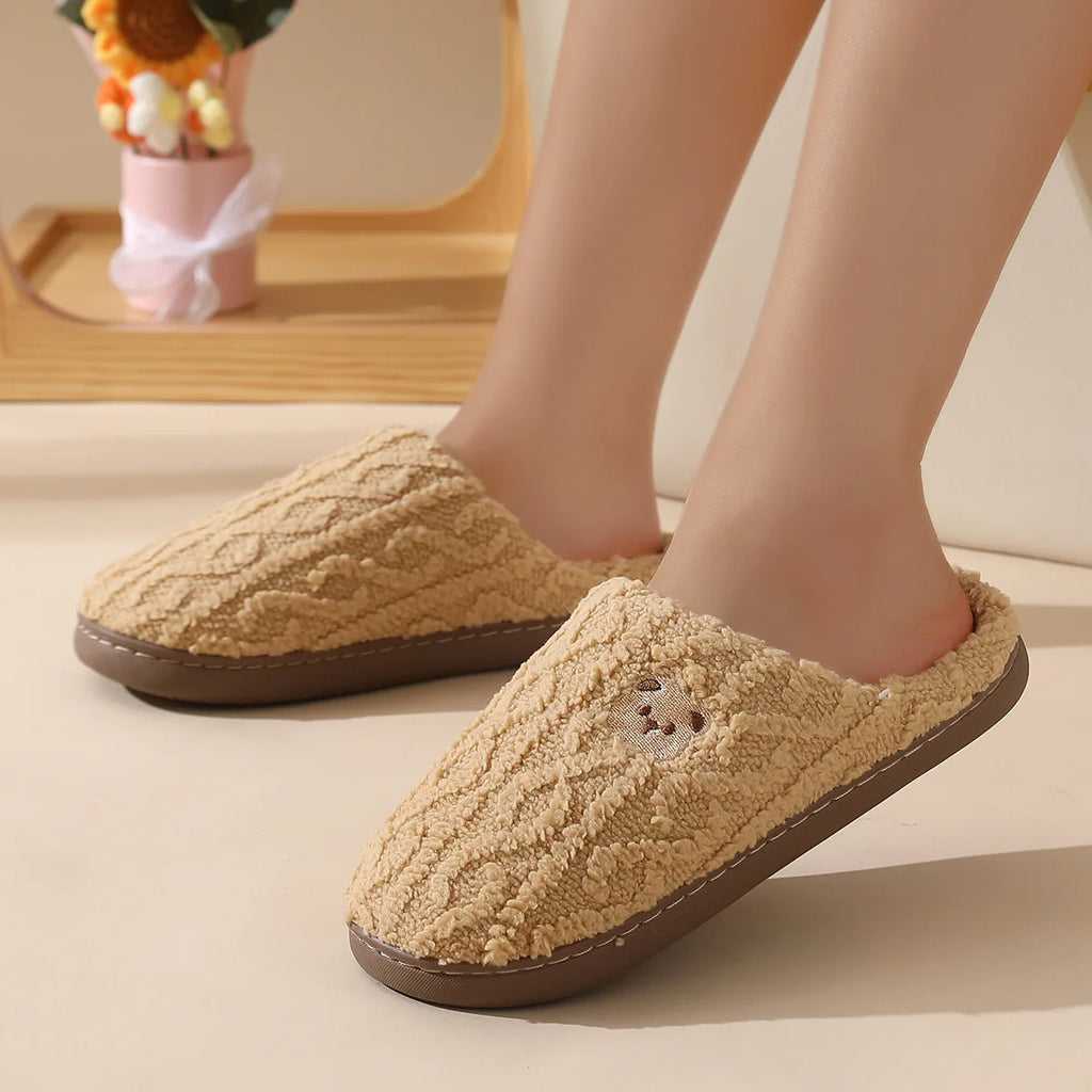 Cozy Cartoon Bear Home Slippers for Women 2025 Winter Plush Warm Flat Cotton Shoes Woman Non Slip Unisex Indoor Bedroom Slippers