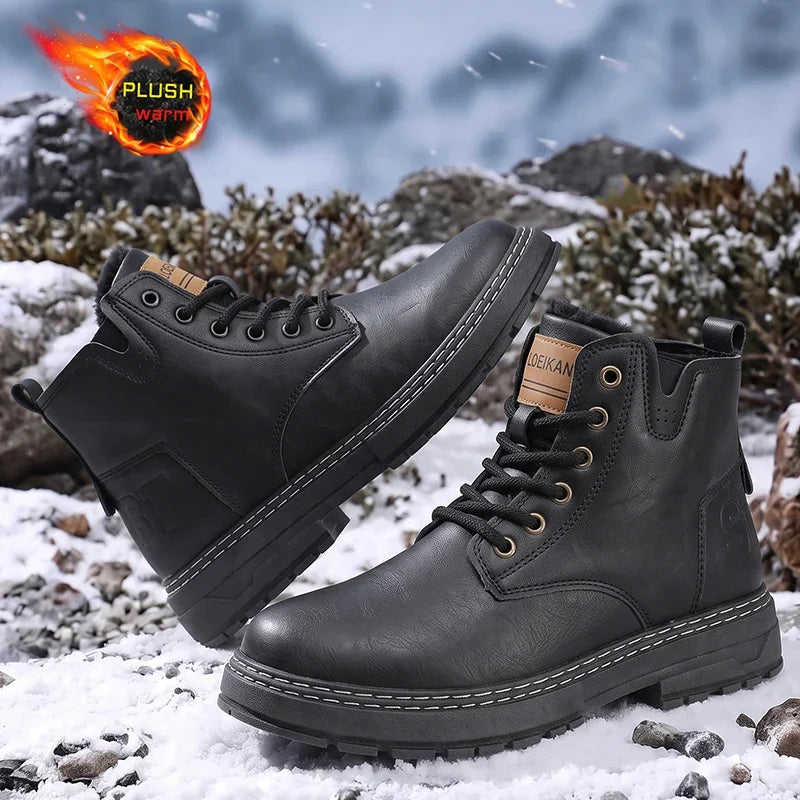 Men Winter Snow Boots Plush Lined High‑Top Faux Leather Anti‑Slip Thick Sole Shoes For Snow Day Commute Street Casual Outing