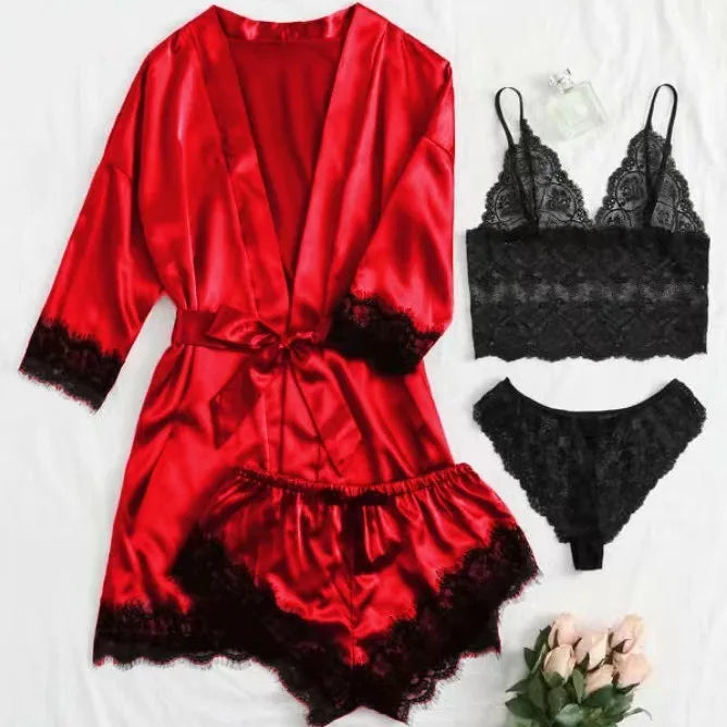 4-piece women's luxurious V-neck pajama nightgown sexy lace satin halter bathrobe silk satin home nightgown home sexy pajamas