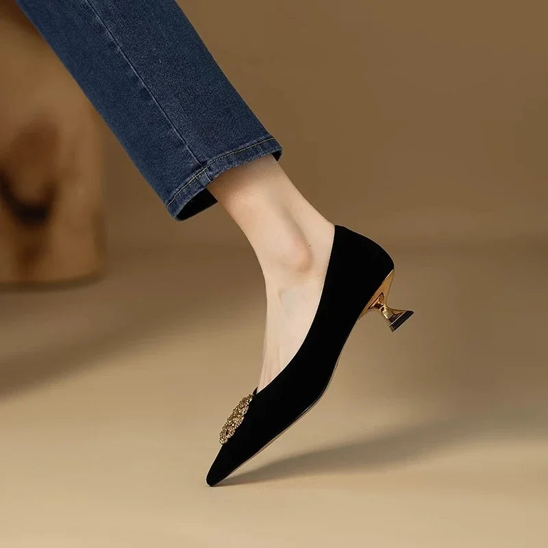 French Black Med Heels Women's Shoe Comfortable Office & Career Shoes Soft Leather Suede Pointed Shallow Shoes Pumps Zapatos