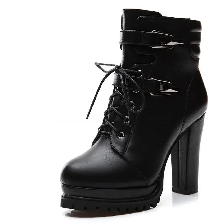 Women's Fashion Super High Heels Ankle Boots Autumn Winter Platform Booties Woman Buckle Decor PU Leather Short Botas Mujer