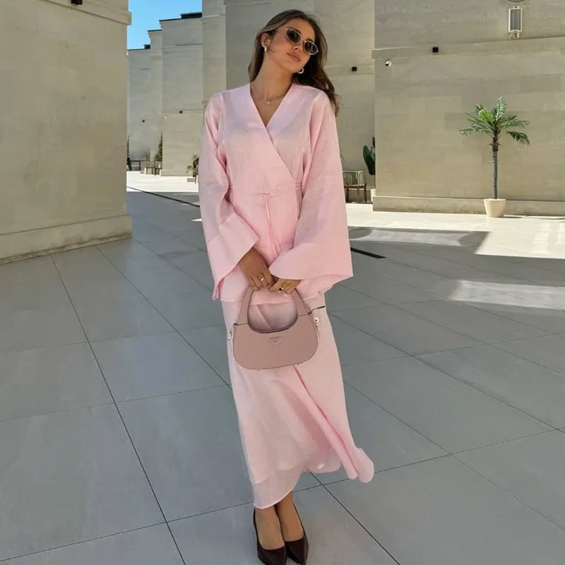 Tuularos Casual Dress Set Solid V Neck Lace-up Long Sleeve Cardigan High Waist Skirt Set Loose Vacation Fashion Women Dress Sets