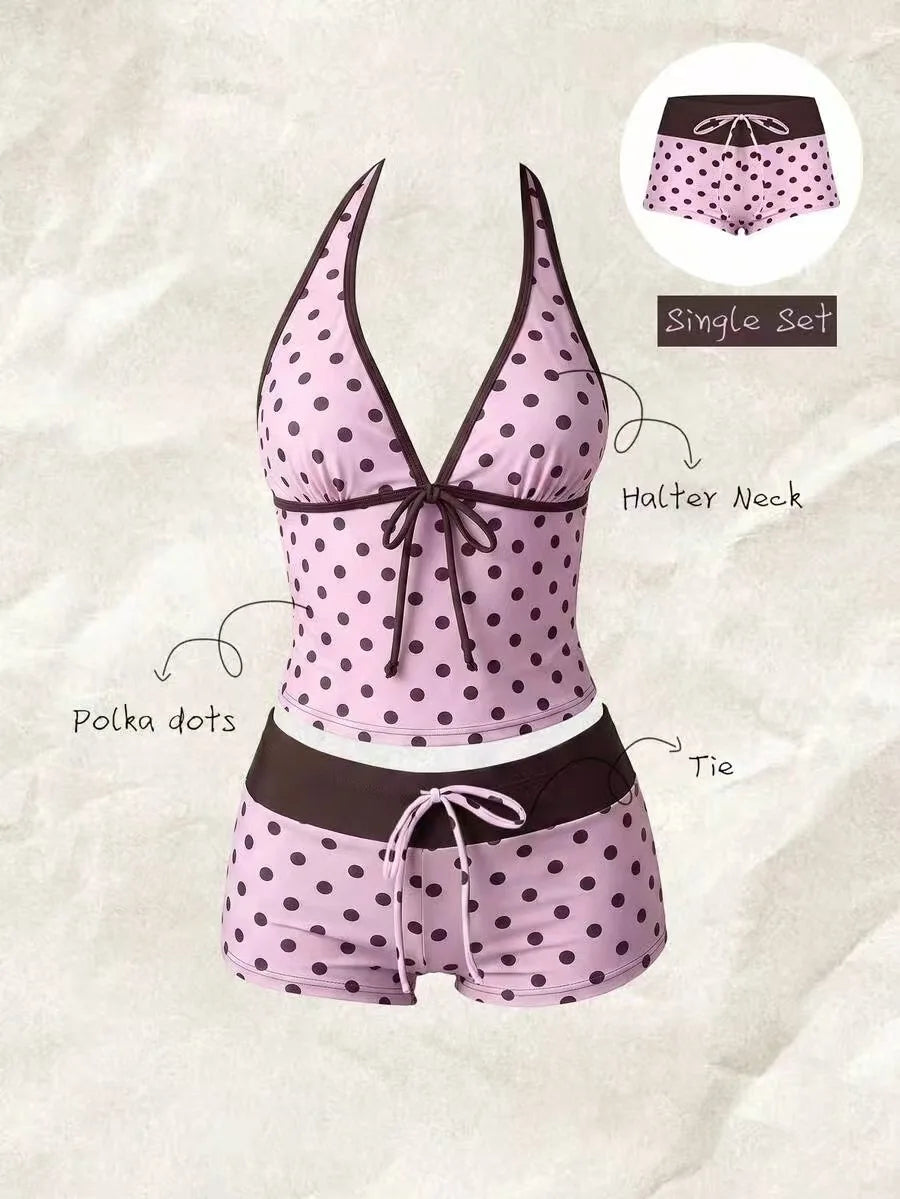Women Beach Style Bikini Swimwears 2-Piece Tankini Suits Halter V-Neck Tie Cami Top Bodycon Contrast Waistband Swim Beachwear