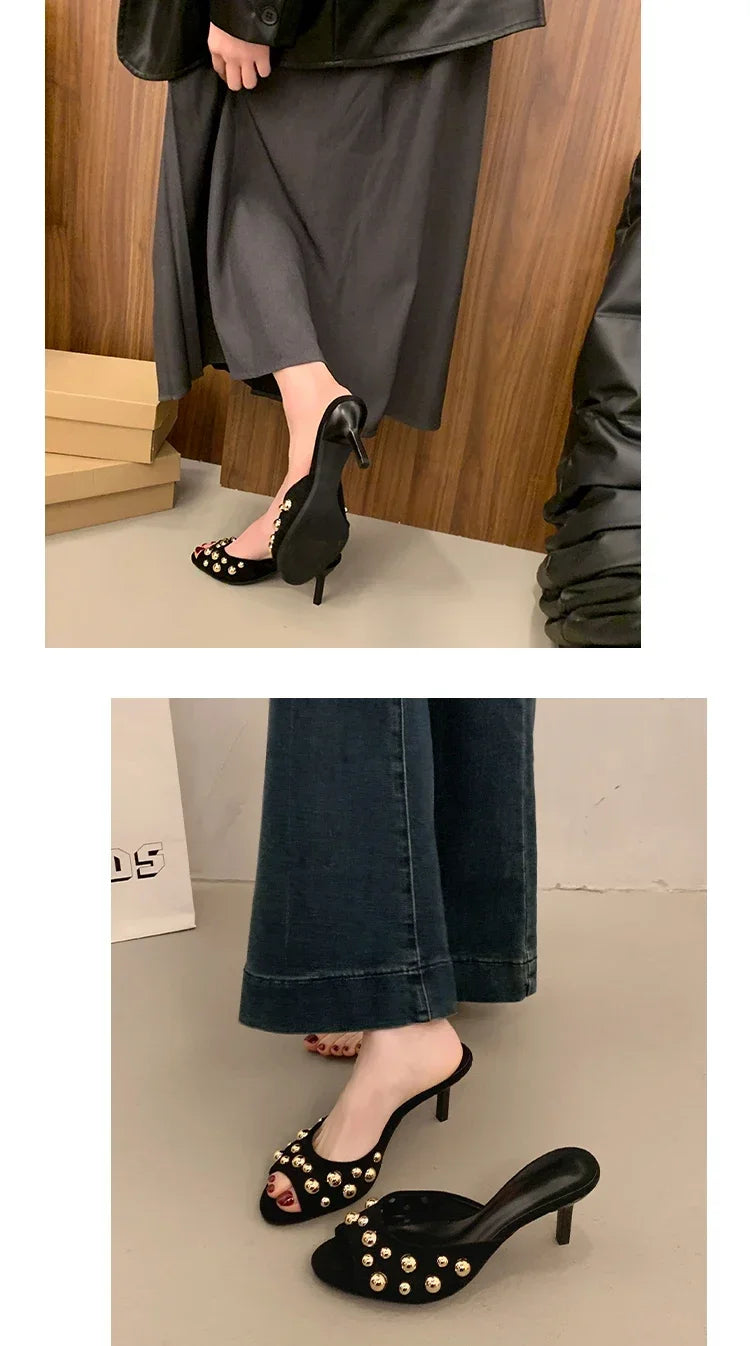2026 Summer New Women's Shoes Black Velvet Effect Studded Backless One-foot Stiletto Sandals Women's High Heels Zapatos De Mujer