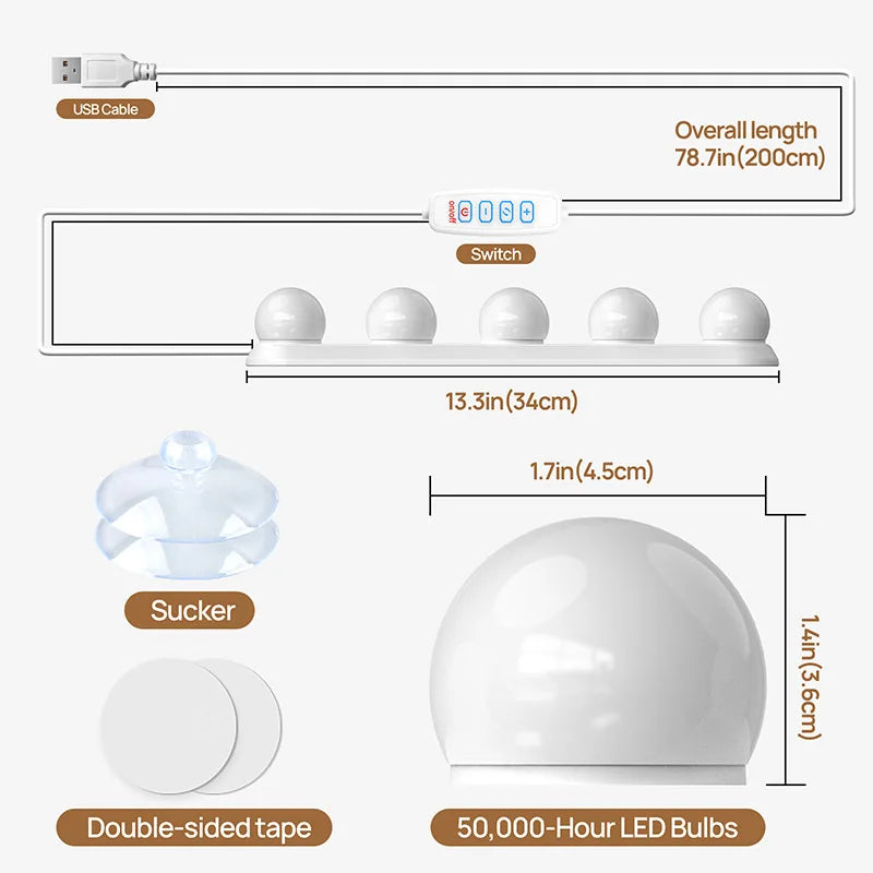 Makeup Mirror LED Light Bulbs Vanity Lights USB Adjustable Brightness and Colour Temperature Bathroom Dressing Table Lighting