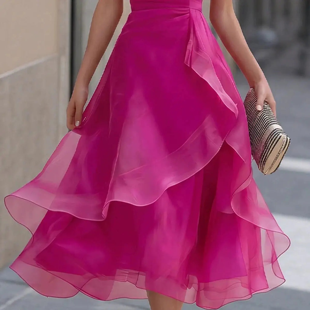 Vestidos Women Elegant O Neck Solid Organza Dress Summer Slim Waist Ruffle Layer A-Line Dress Summer Wedding Guest Party Dress