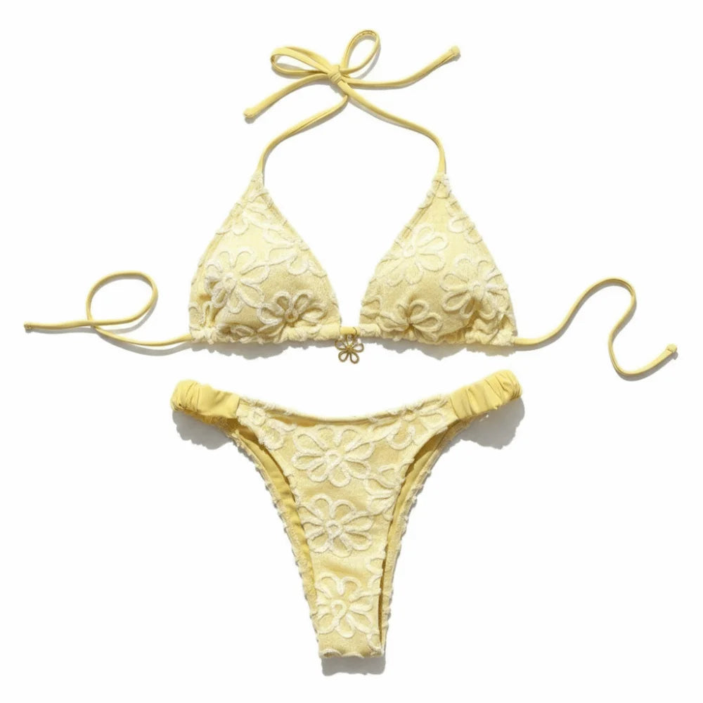 Bathing Suits Two-Piece Halter Bikini Set Deep V Flower Summer Beachwear Elegant Low Waist Women Swimsuits Beachwear