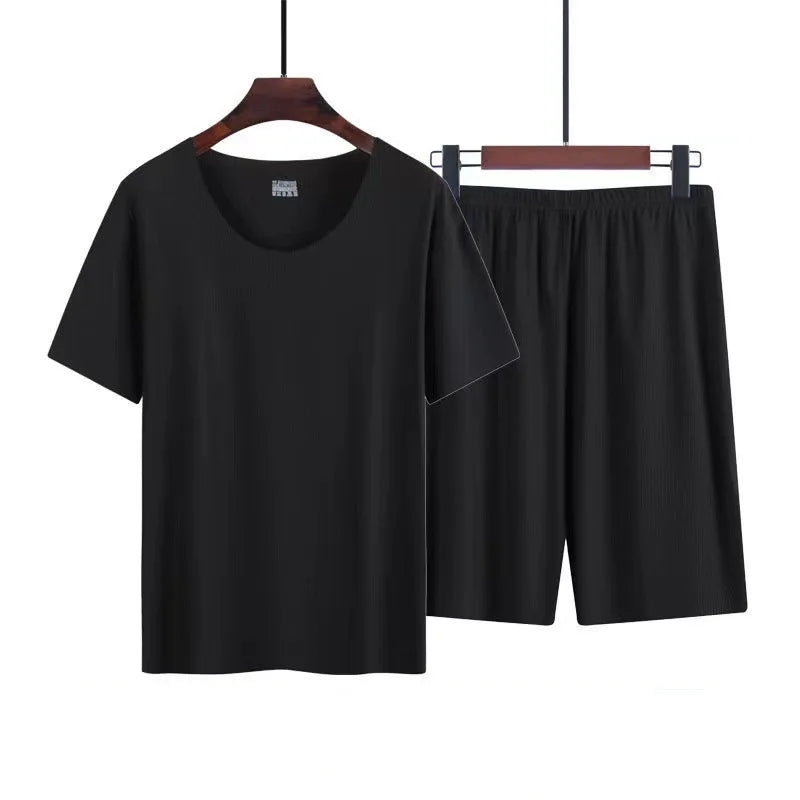 Men's Two-Piece Ice Silk Pajamas Men's Summer Thin Modal Short-Sleeved Pajamas Homewear Men's Large Size Pajamas Homewear Set