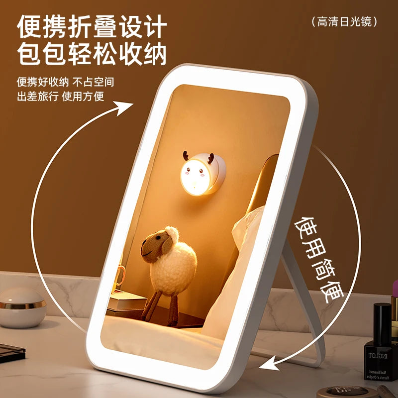 LED makeup mirror with light, battery-operated desktop foldable small makeup mirror for female students