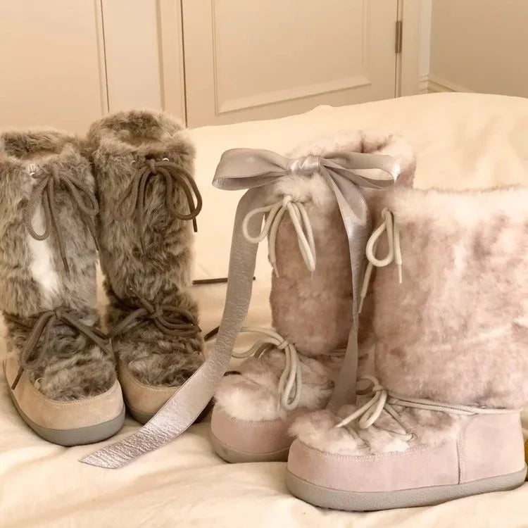 Bingyan Yuese Platform Snow Boots for Women 2026 New Winter Style, Plush Lace-Up, Thickened, Warm and Non-Slip