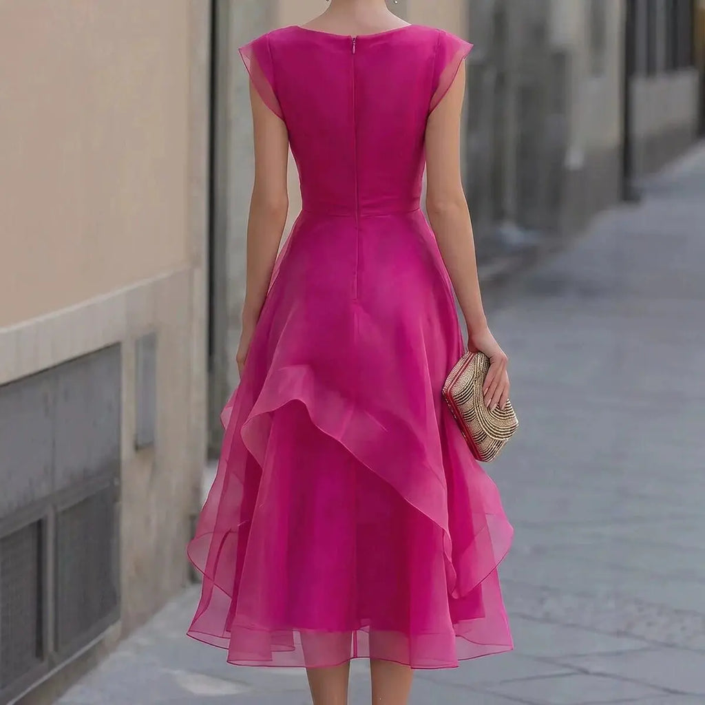 Vestidos Women Elegant O Neck Solid Organza Dress Summer Slim Waist Ruffle Layer A-Line Dress Summer Wedding Guest Party Dress
