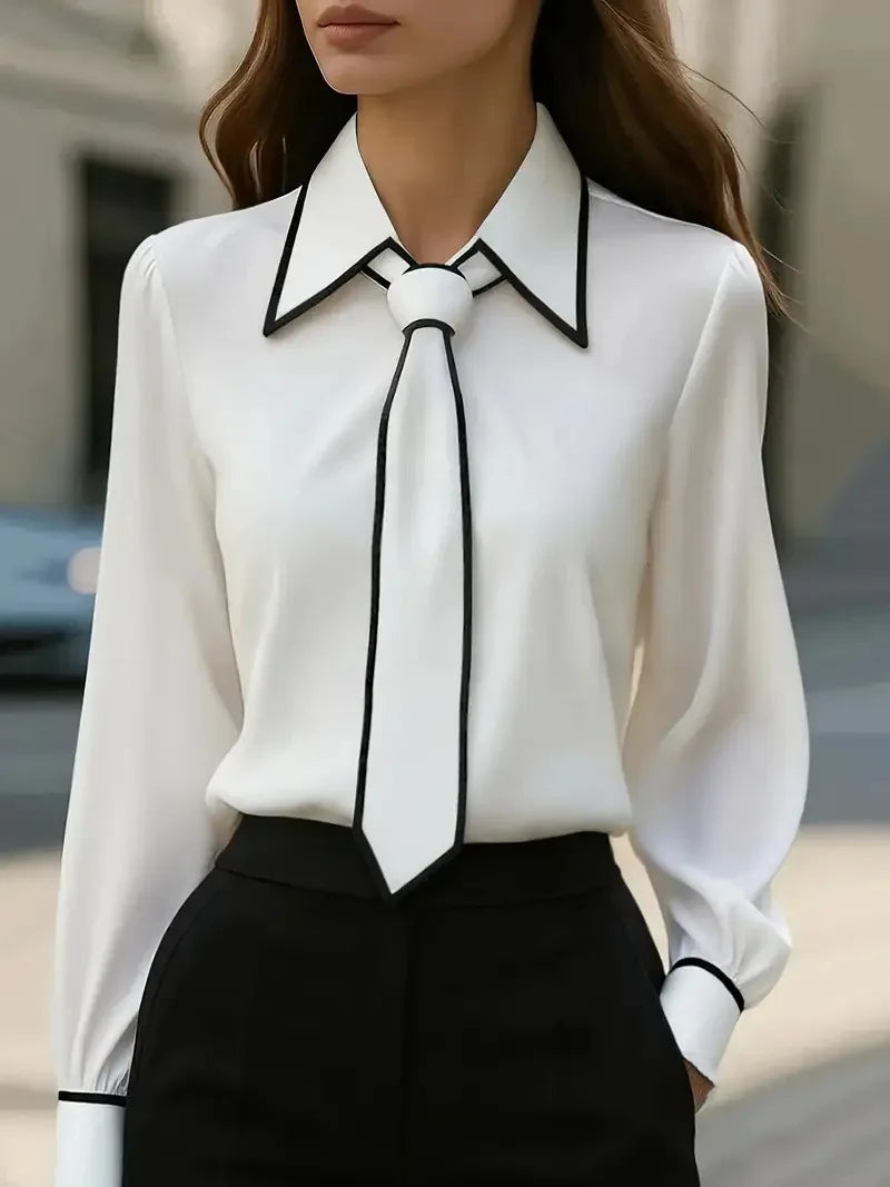Women's Blouse Fashion Shirt Formal Bow Tie Long-sleeve Contrasting Trim Tops Slim-fit Workwear Elegant Office Lady Shirts Women