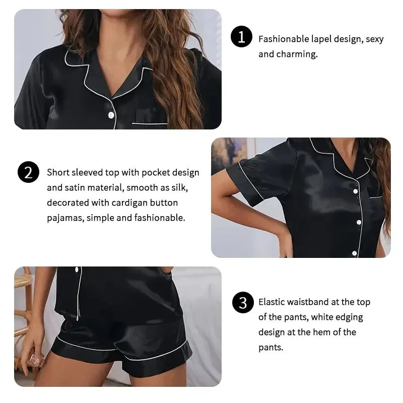 Women's Silk Pajamas Two-Piece Set Casual Comfortable Ladies Sleepwear Homewear Buttons Tops and Trousers Solid Nightwear