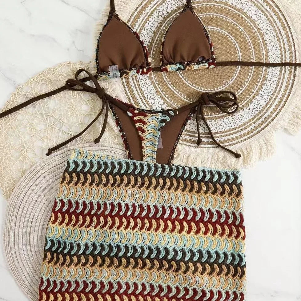 Bohemian Print Sexy Women's Beach Bikinis 3 Pieces Bikini Set Cover Up Bandage Swimwear Thong Bikini Set Women Swimsuit 2026
