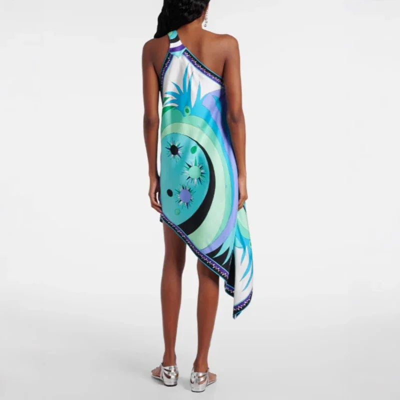 Vestidos Mujer Sexy One-shoulder Straps Dress Woman Spring Print Irregular Satin Dress Summer Skew Collar Vacation Beach Dresses