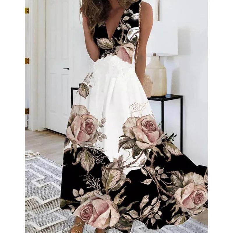 Women Dresses 2026 summer new V-neck high-waisted sleeveless floral printed sexy vest long dress women's clothing vestidoes