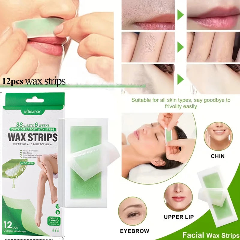12 Pcs Depilatory Wax Strips Waxing Kit for Women Men Face Leg Arm Body Gentle Non-Irritating Quick Easy Hair Beauty Tools