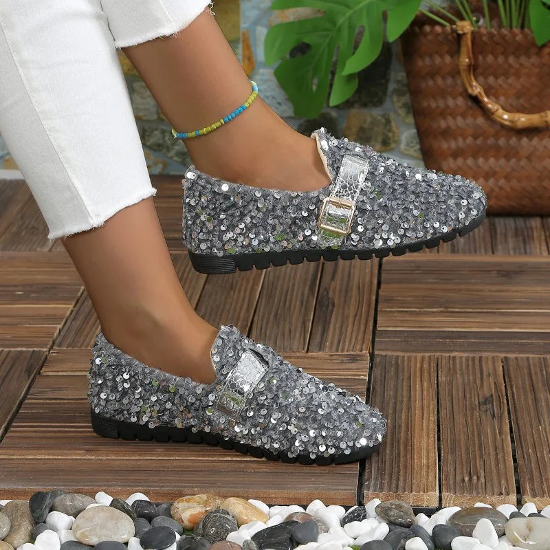Flat Shoes for Women Glitter Sneakers Casual Female Slip-On Bling Platform Comfortable Plus Size Loafer Shoes Zapatos De Mujer