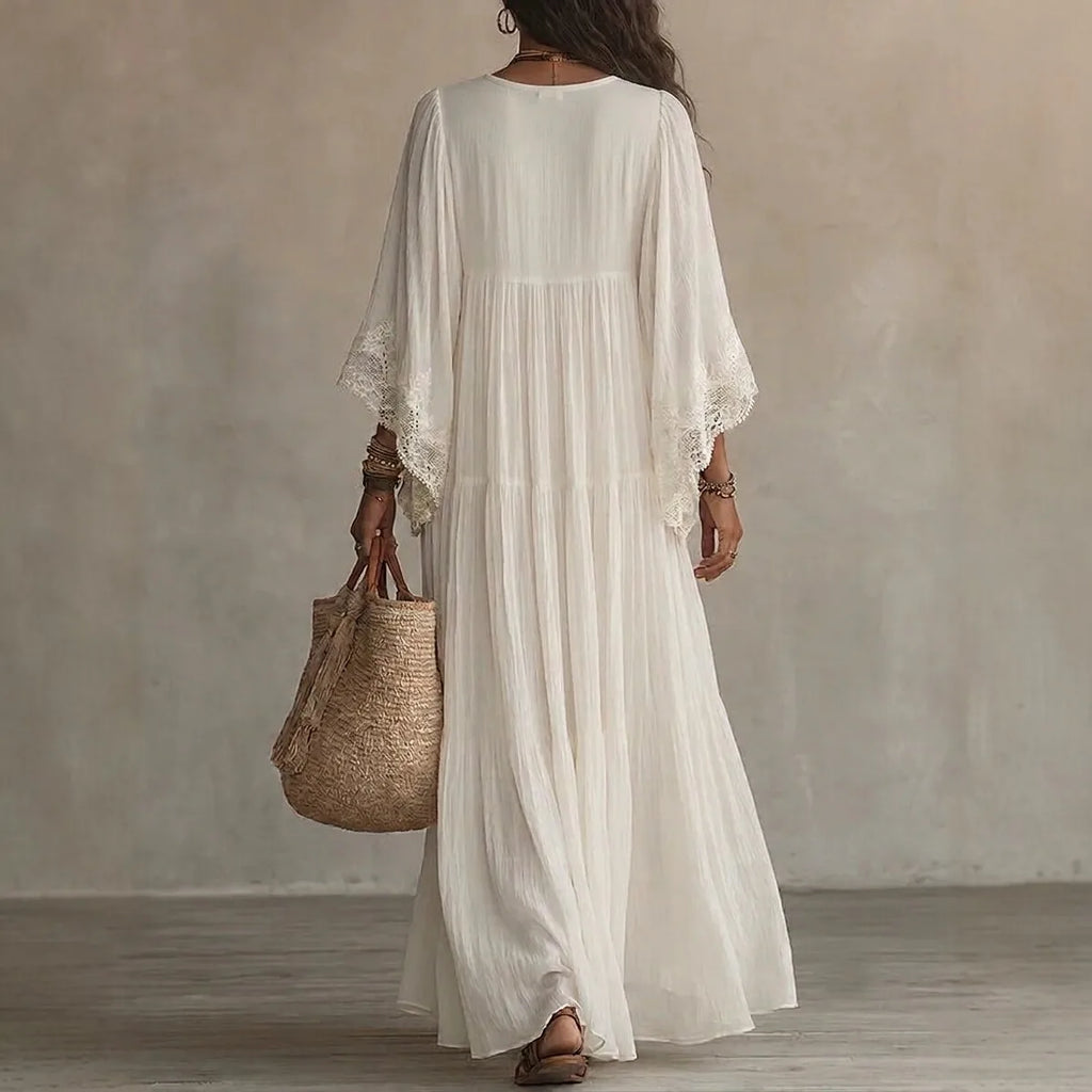White Lace V-neck Long Dress, Bat Sleeve Vacation Beach Dress, Fairy Pleated and Elegant Seaside Lazy Dress Vestidos Y2K