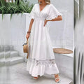 White Long Dress Women Dresses A Line Vestidos V Neck Short Sleeve Elegant Splice Y2k Temperament High Waist Solid 2025 Summer