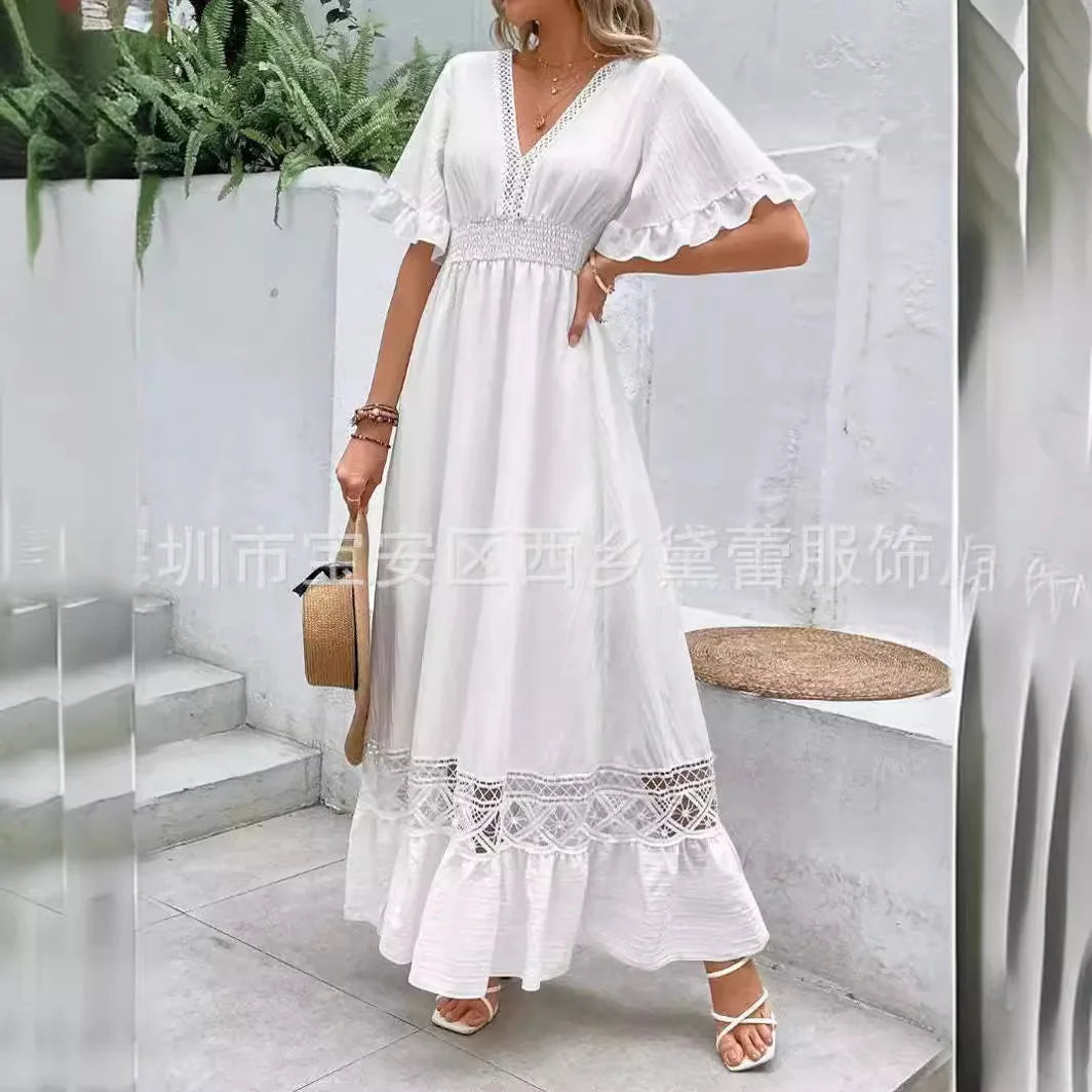 White Long Dress Women Dresses A Line Vestidos V Neck Short Sleeve Elegant Splice Y2k Temperament High Waist Solid 2025 Summer