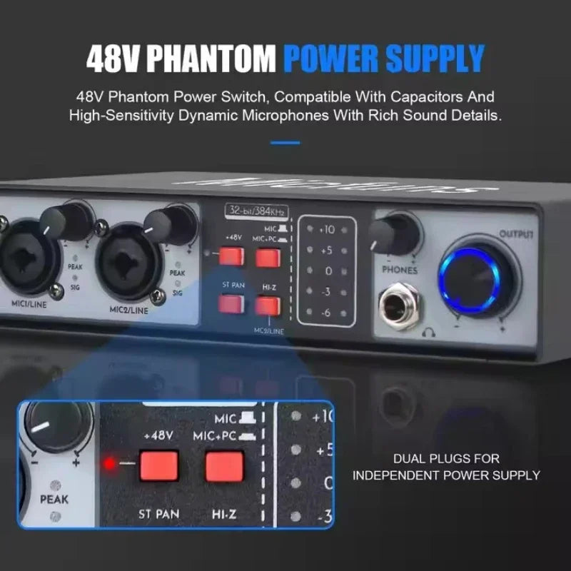 Professional sound card recording 2 Channels mini audio interfaces podcast USB for Musical Instruments Live streaming singing