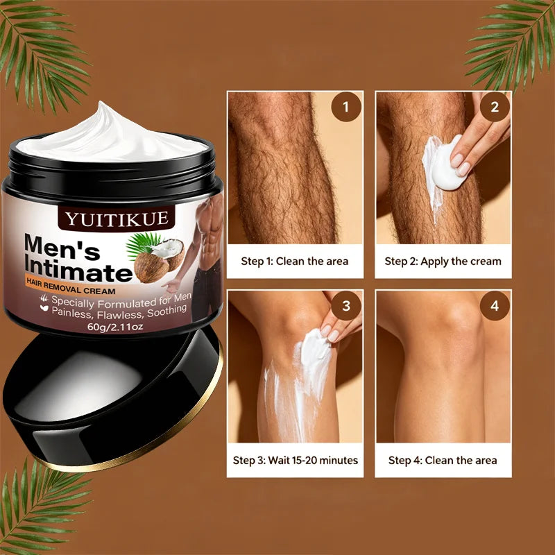 YUITIKUE Men's Intimate Hair Removal Cream 60g - Painless Depilatory for Body & Private Area, Coconut Extract Gentle on Skin
