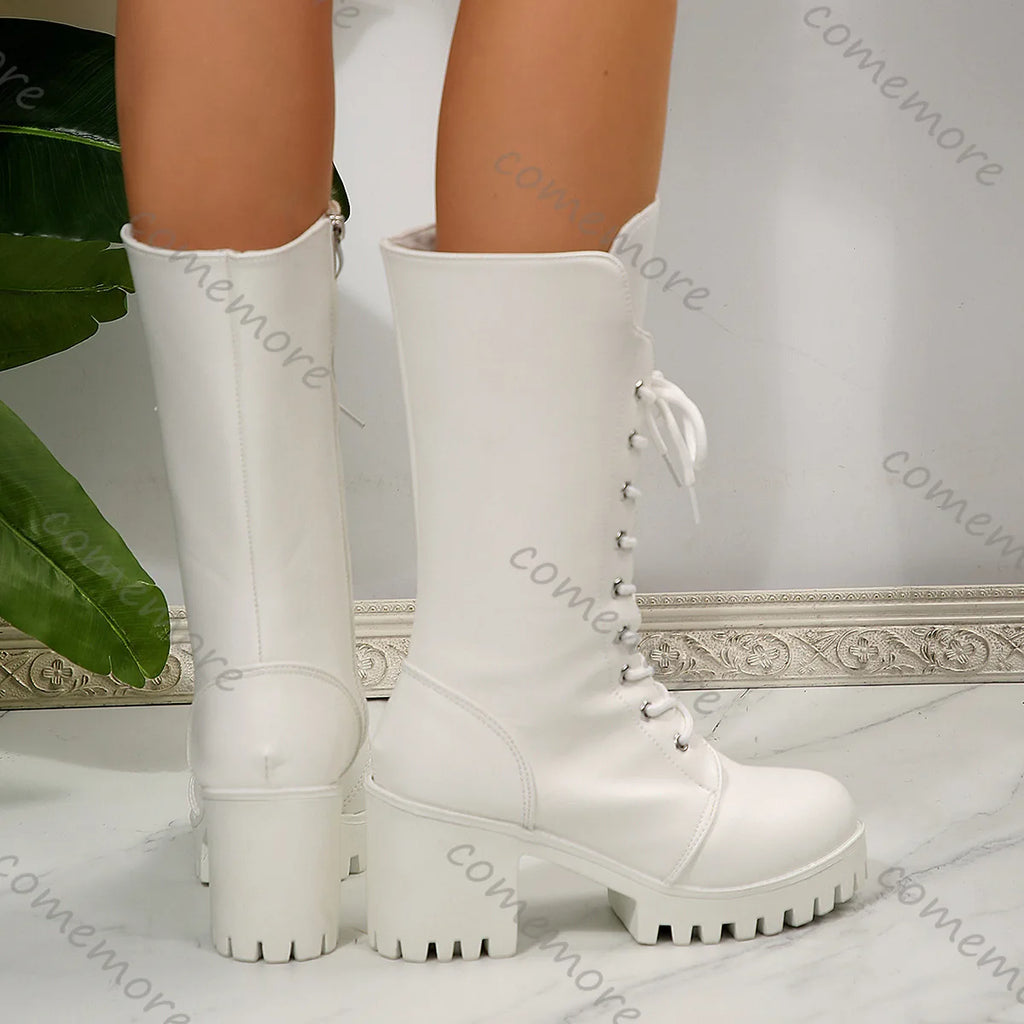 Comemore White Women's Boots New High Heels Lace-up Mid-calf Boots Fashion Platform Shoes Round Head Women's Botas for Autumn