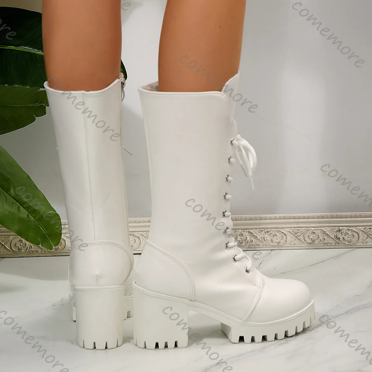 Comemore White Women's Boots New High Heels Lace-up Mid-calf Boots Fashion Platform Shoes Round Head Women's Botas for Autumn