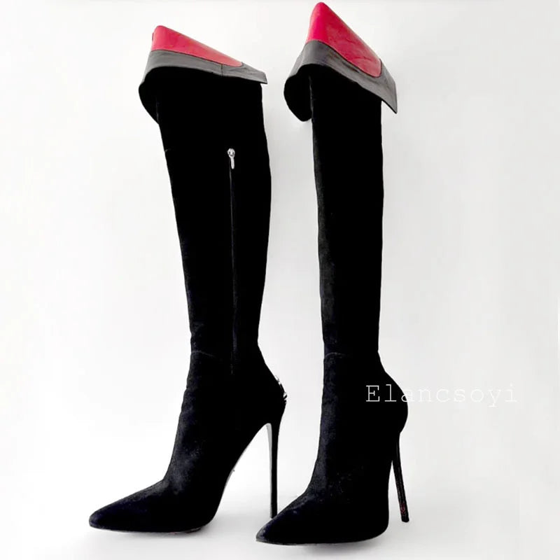 Runway Botas Sexy Black Suede Leather Knee-High Boots Super High Heels Women Autumn Winter Pointed Toe Strange Heels Long Boots