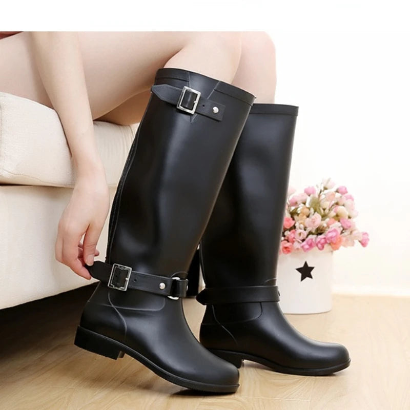 Rubber Boots for Women Waterproof Work Fashion Back Zipper Round Toe High Rain Boots Woman Water Shoes Botas De Caza Espanolas
