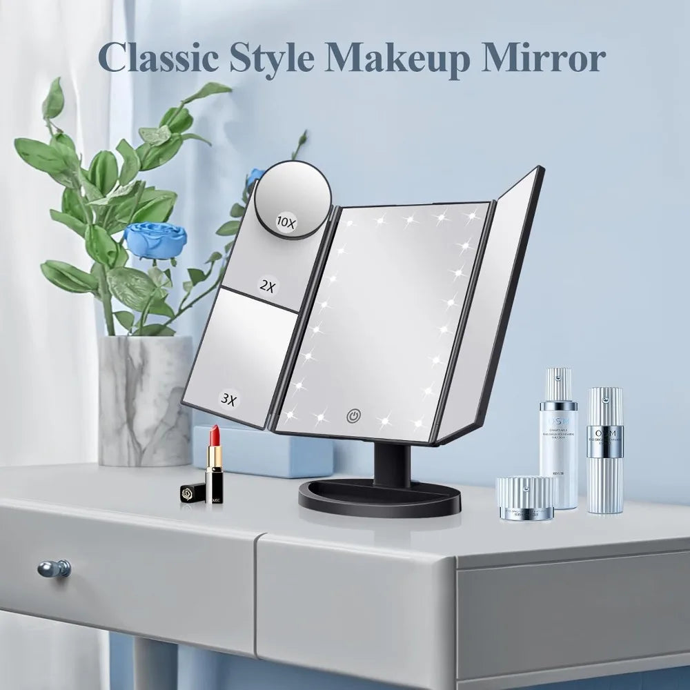 Large Foldable LED Makeup Mirror - 2X/3X/10X Magnification, USB & Battery Powered, Retro Tabletop Design for Home/Travel