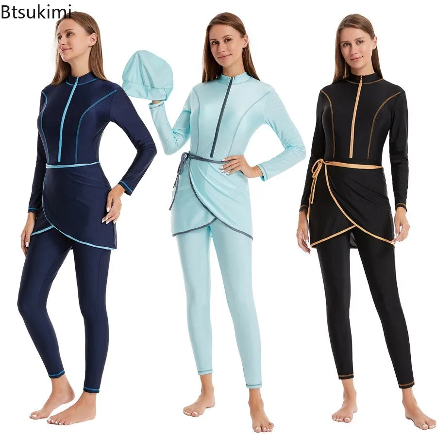 2026 Muslim Modest Swimwears with Hijab Women's Beach Swimsuit 3-pieces Islamic Long Sleeve Swimming Suit for Women Bathing Swim