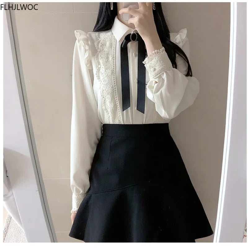 Ruffled Autumn Spring Basic Office Lady Work Wear Women Single Breasted Button Solid Peter Pan Collar Top White Shirts Blouses