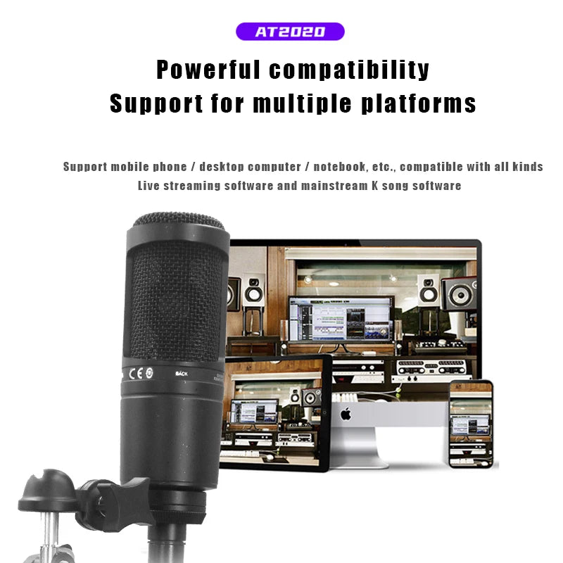 AT2020 Wired XLR Condenser Microphone Podcasting Desk Mic Stand Home Recording Studio For Singing Live Screaming