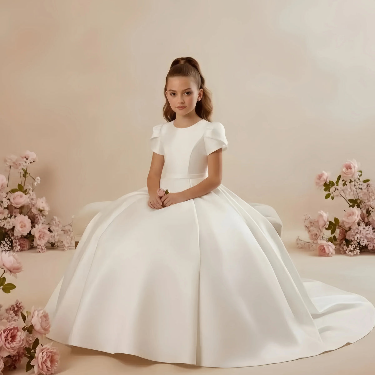White Flower Girl Dress for Wedding With Bow Satin Floor Length Elegant First Communion Ball Birthday Party Gowns