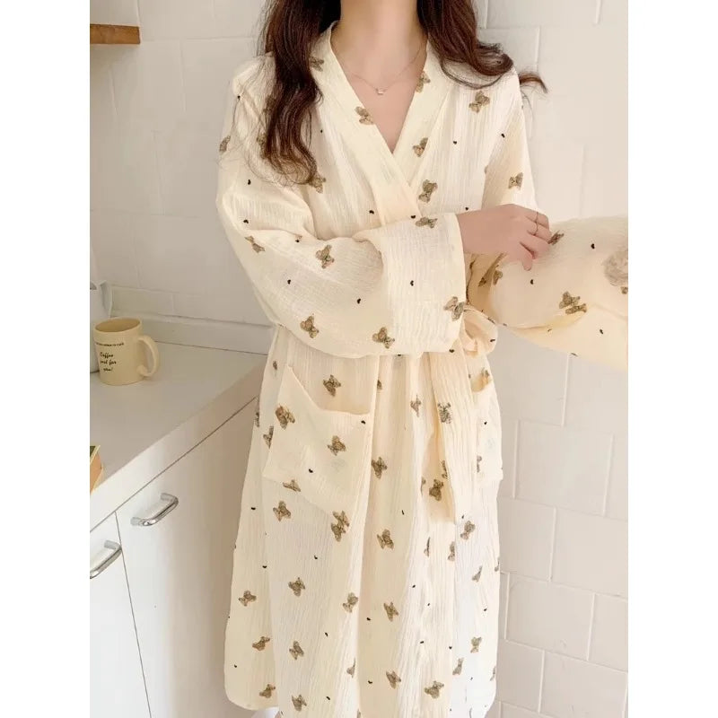 Women Bathing Robe Cartoon Cute Bear Print Bathrobe Nightgown Cardigan Long Sleeve Nightdress Plus Size Loungewear Nightgown Ro