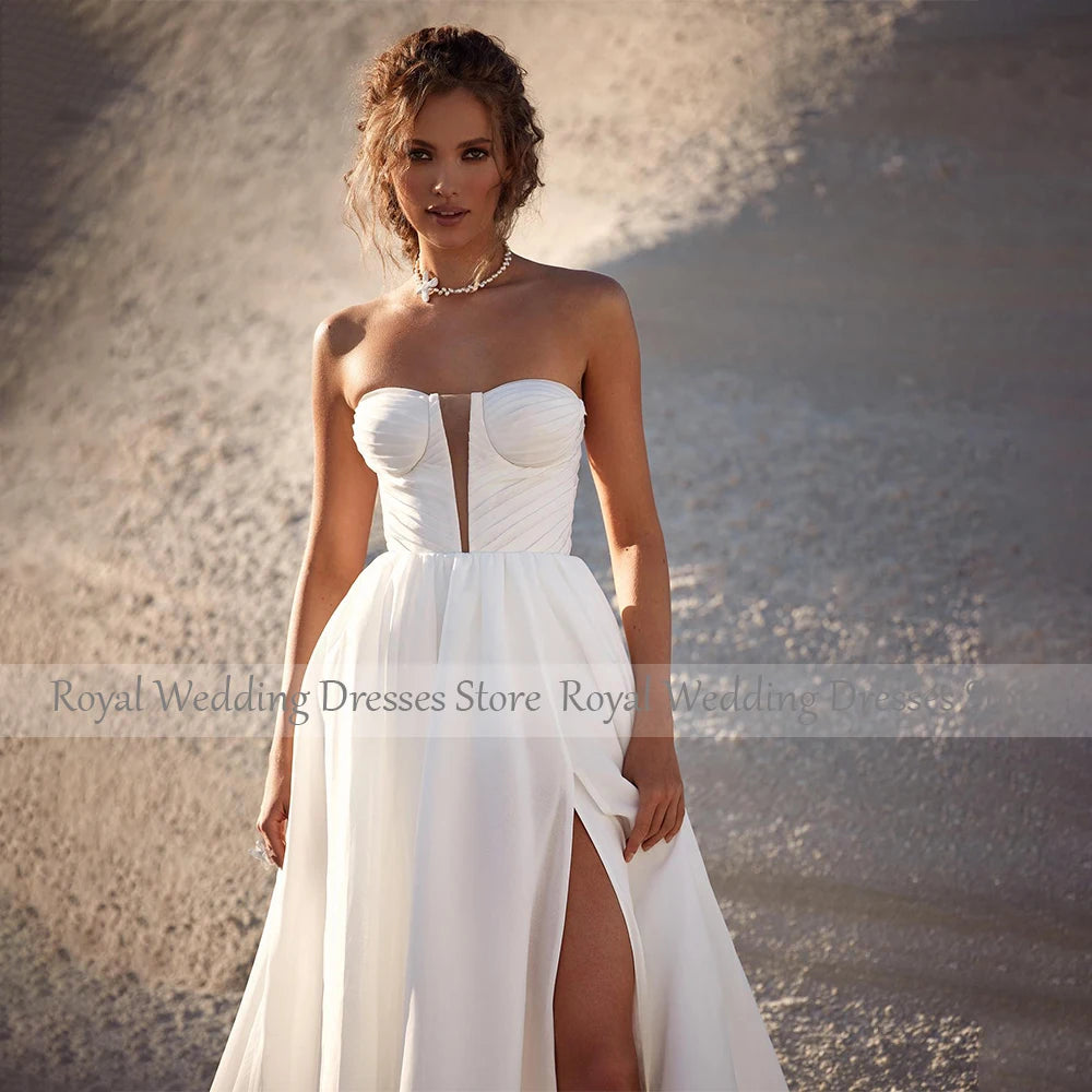 Beach Wedding Dresses for Women 2024 Bride Deep V Neck Summer Wedding Gowns White Organza Satin Side Split A Line Bridal Dress