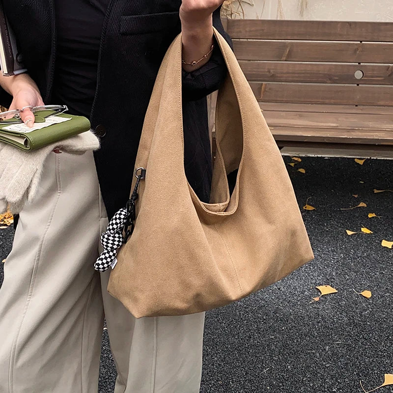 High Quality Big Tote Bags For Women Canvas Fabric Solid Color Large Capacity Underarm Shopper Shoulder Hobo Bag With Pendant