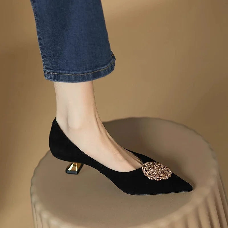 French Black Med Heels Women's Shoe Comfortable Office & Career Shoes Soft Leather Suede Pointed Shallow Shoes Pumps Zapatos