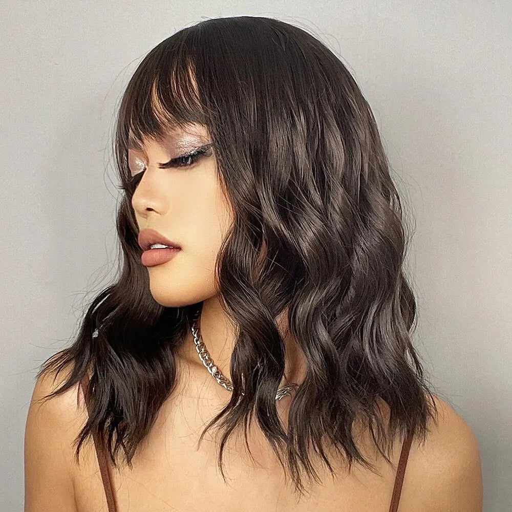 Short Wavy Bob Wigs for Women Dark Brown Bob Natural Synthetic Wig with Bangs for Girl Daily Cosplay Use Heat Resistant