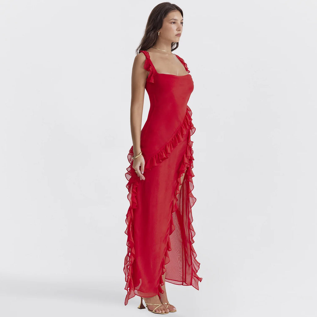 Sexy Summer Elegant Long Dresses For Women Backlesss Sexy Dress Red High Slit Streamer Vestidos Elegant Women's Party Dresses
