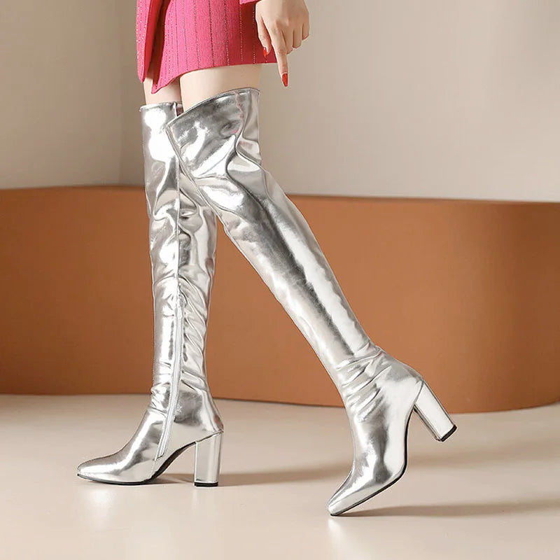Sexy Over the Knee High Boots Women Party Dance Winter Shoes Ladies Silver Gold Thick High Heel Custom Botas Feminina WSH4928