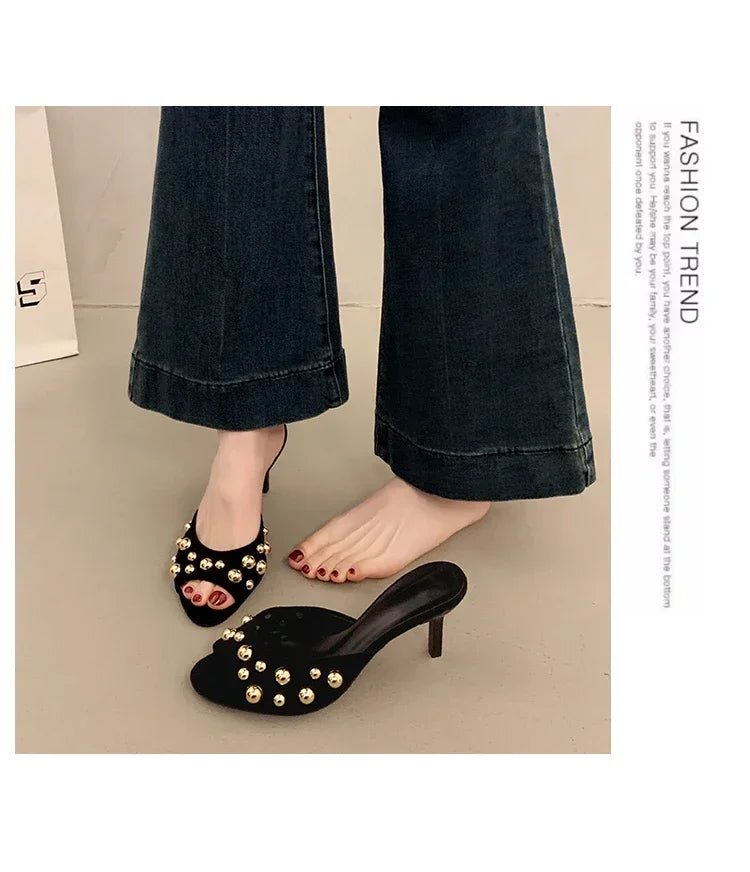 2026 Summer New Women's Shoes Black Velvet Effect Studded Backless One-foot Stiletto Sandals Women's High Heels Zapatos De Mujer