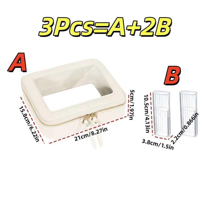 3Pcs Clear Makeup Bag Set, Transparent Cosmetic Bag with 2 Qtip Holders, Waterproof Portable Travel Toiletry Bag for Women