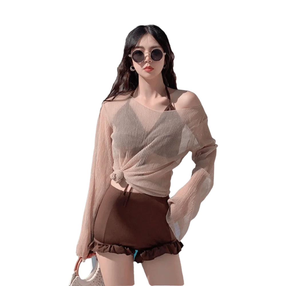 Beachwear Ruffles Bikini Set Transparent Pullover Slim Fit Long Sleeve Swimsuit Sun Protection Lace-up Bathing Suit Resort