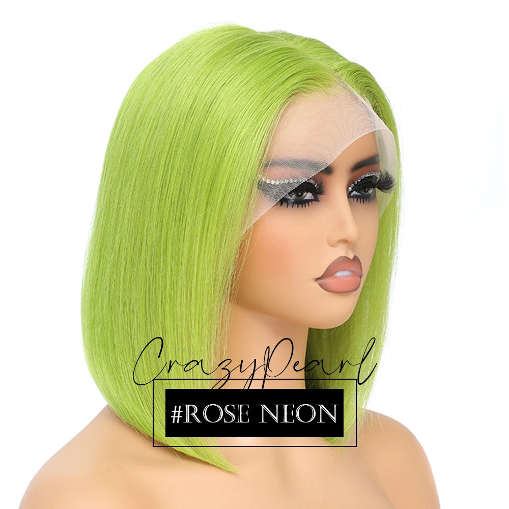 CrazyPearl Rose Pink Short Colored Bob Human Hair Wigs 13X4 Straight Bob Wig Human Hair Lace Front Wigs 10Inch-14Inch