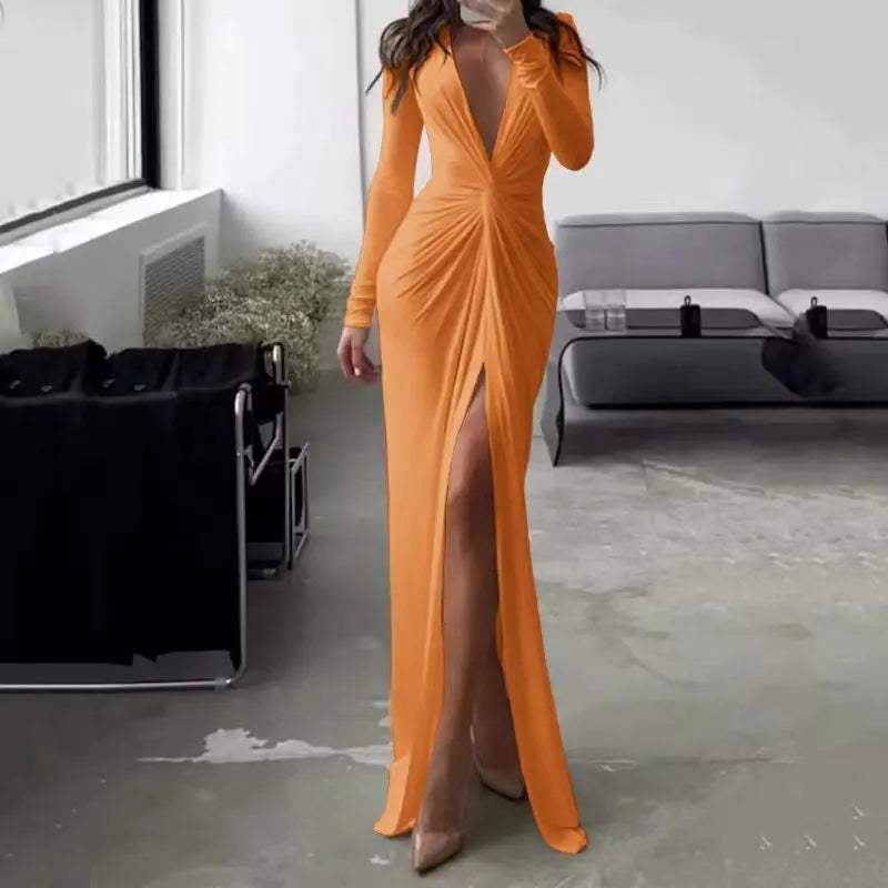 2026 Sexy Bodycon Dresses for Women Slim Fit Deep V-neck Party Prom Evening Party Club Dress Hem Split Outfits Evening Vestidos