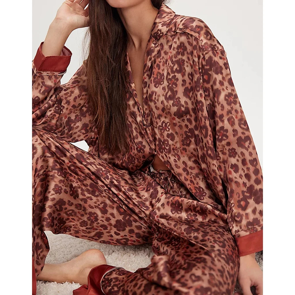 Silk Satin Pajamas Set for Women 2 Piece Floral Loose Pjs Wide Leg Sleep Loungewear Pants with Long Sleeve Button down Shirts